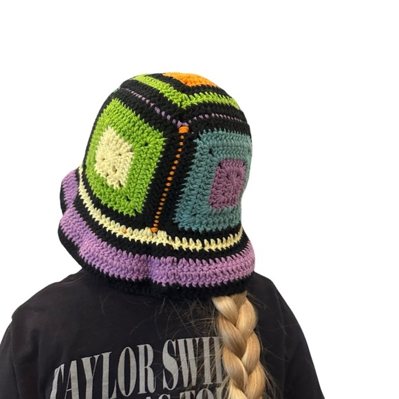 Vintage Granny Square Color Block Retro Hippie Hand Knit Bucket Beanie Hat - Picture 4 of 5
